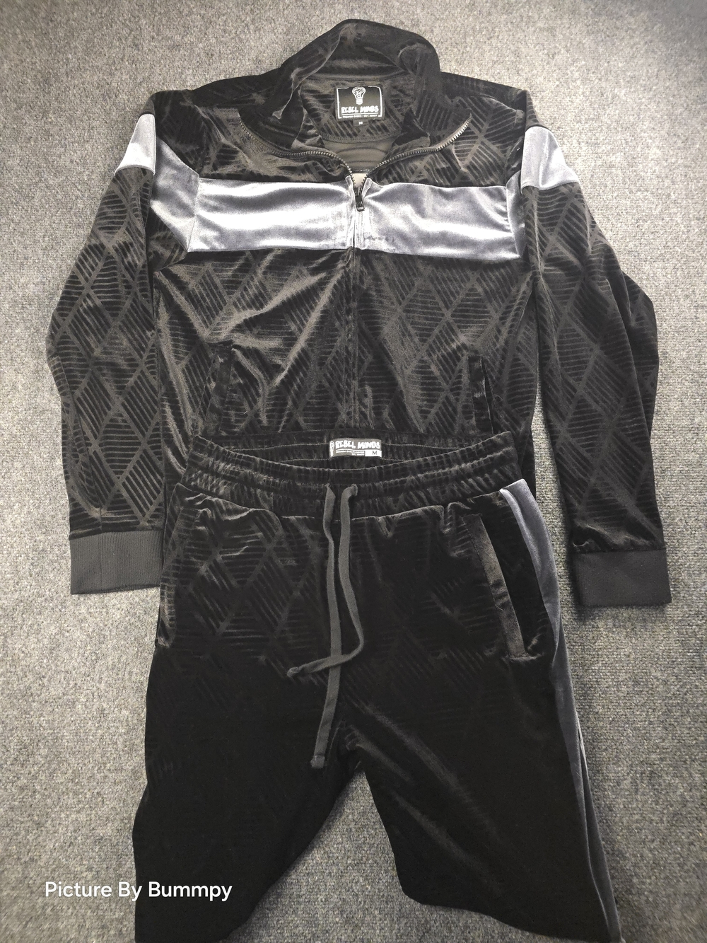 Rebel Minds black velvet/velour black and silver tracksuit Mens Size Medium